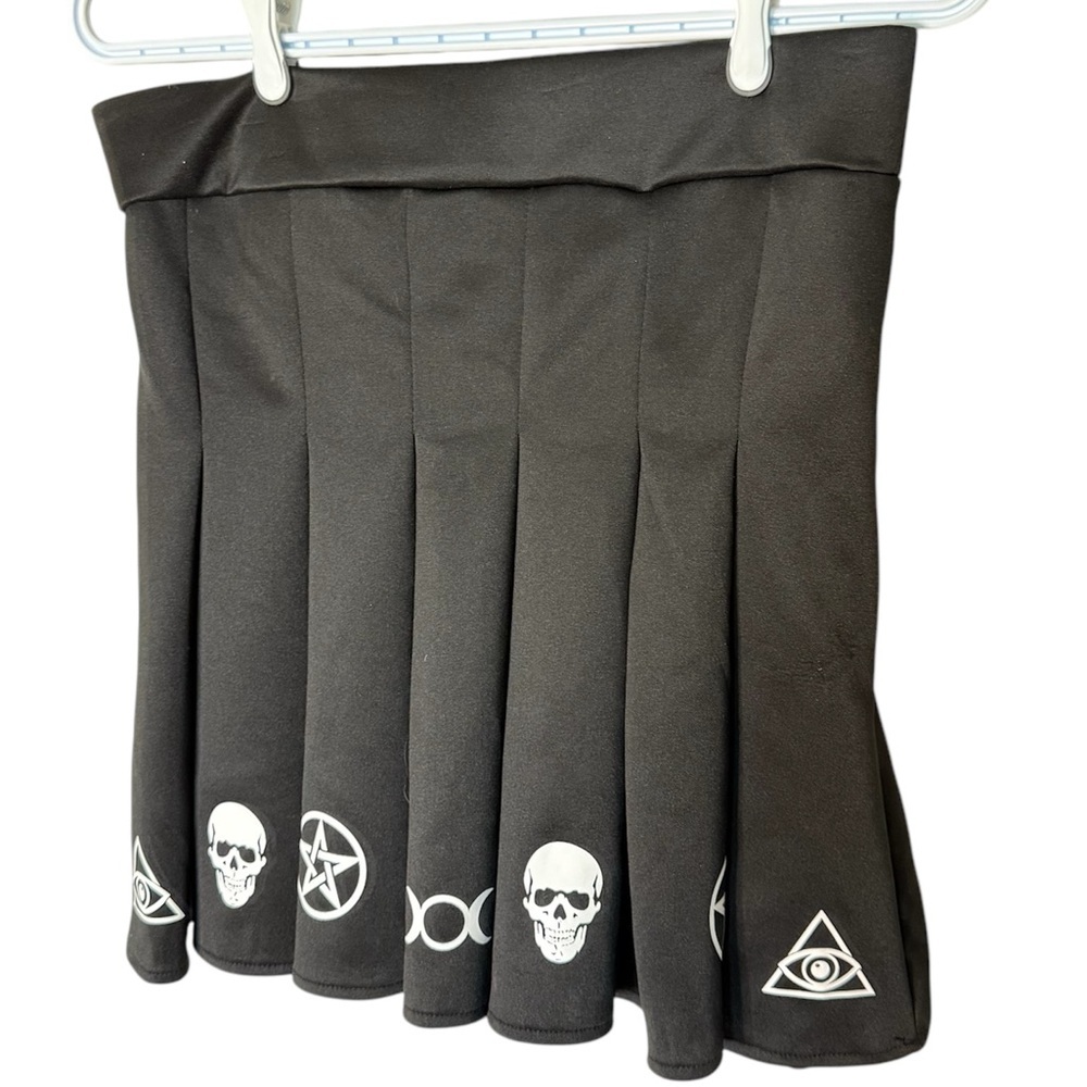 BODY RAGE Black Pleated Mini Skirt Occult Mystic Goth Skulls Festival Sz Large - Picture 4 of 12